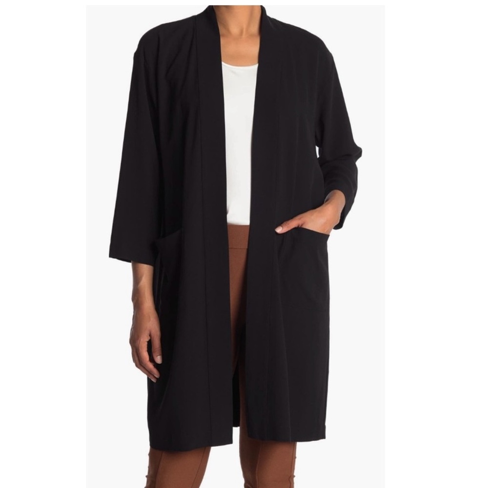 Eileen Fisher Silk Georgette Crepe High Collar Long Jacket